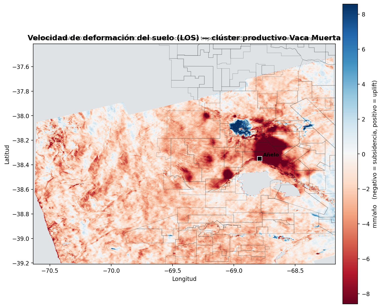 Mapa de velocidad de deformación, 210 × 210 km en torno a Añelo